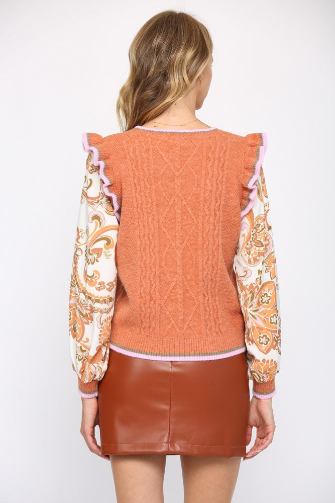 WOVEN CONTRAST RUFFLE SLEEVE SWEATER