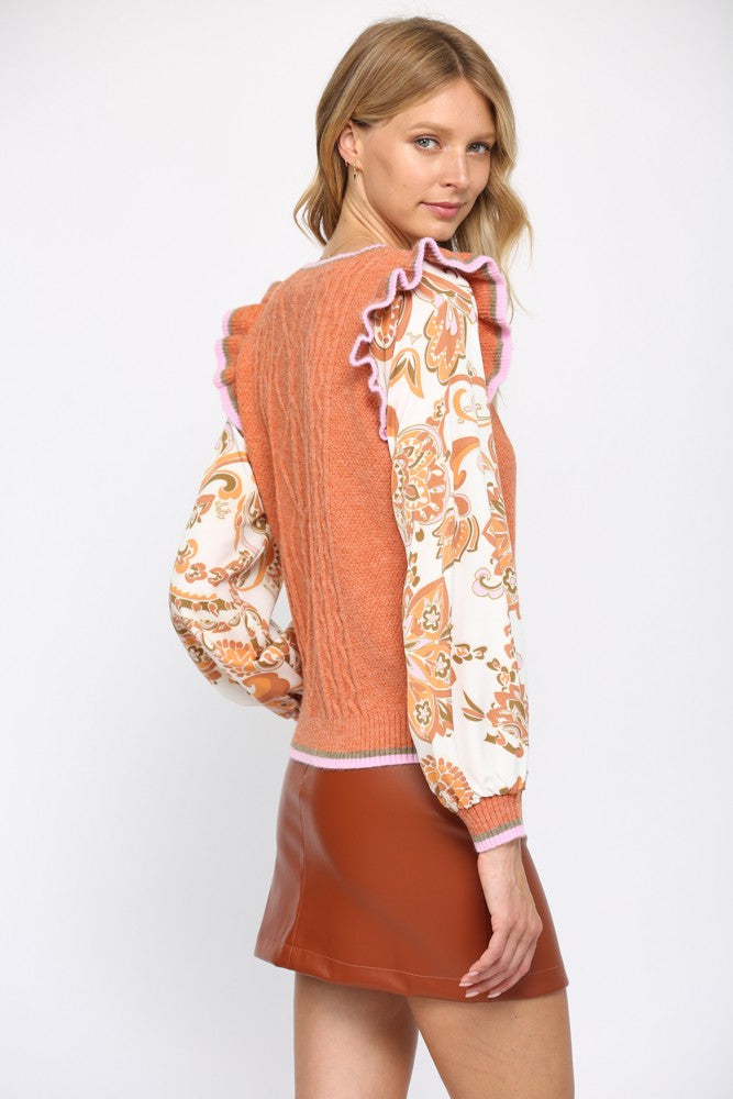 WOVEN CONTRAST RUFFLE SLEEVE SWEATER