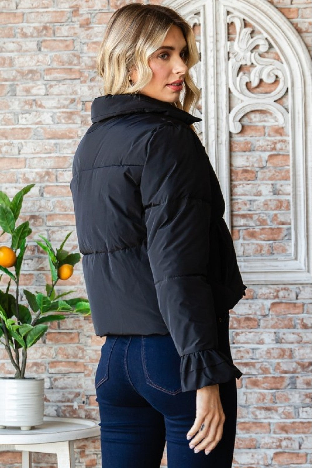 Black Ruffle Puffer Jacket