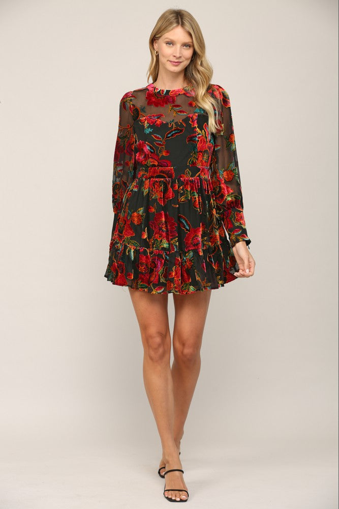 FLORAL VELVET FLARE LONG SLEEVE DRESS Read My Lips Boutique FLORAL VELVET FLARE LONG SLEEVE DRESS Read My Lips Boutique
