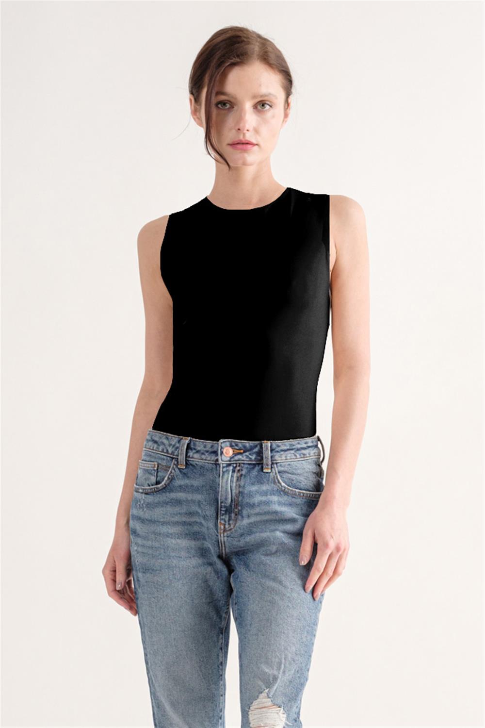 Black Double Layered Crew Neck Sleeveless Bodysuit