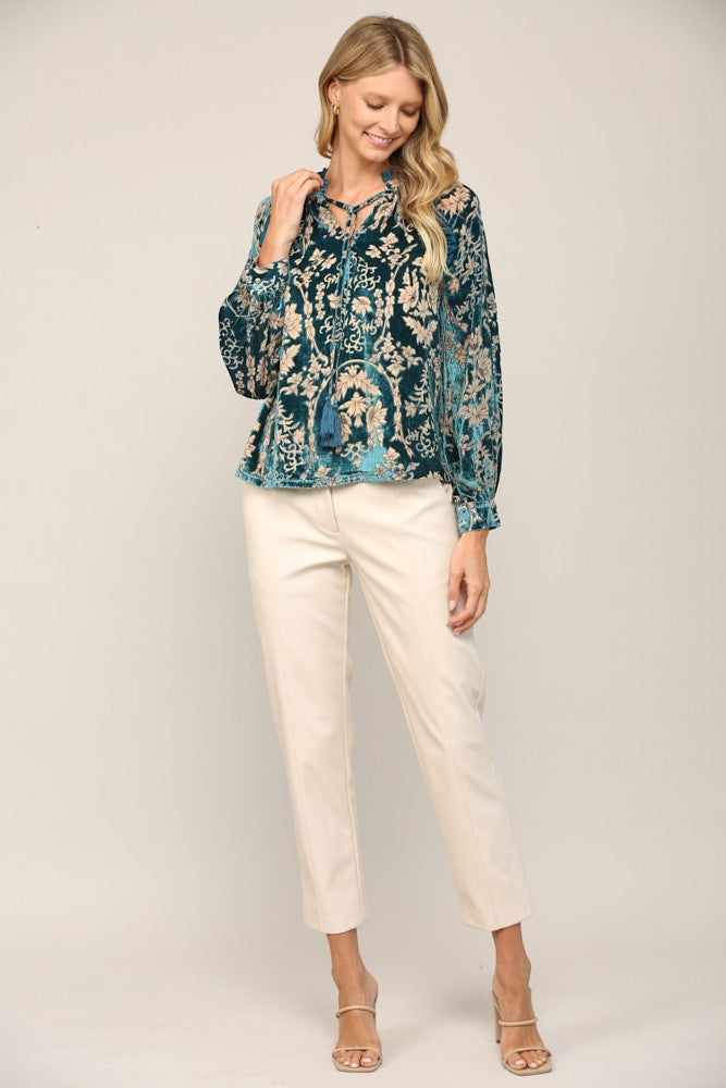 RUFFLE TRIMMED VELVET BLOUSE / TASSEL TIE REG
