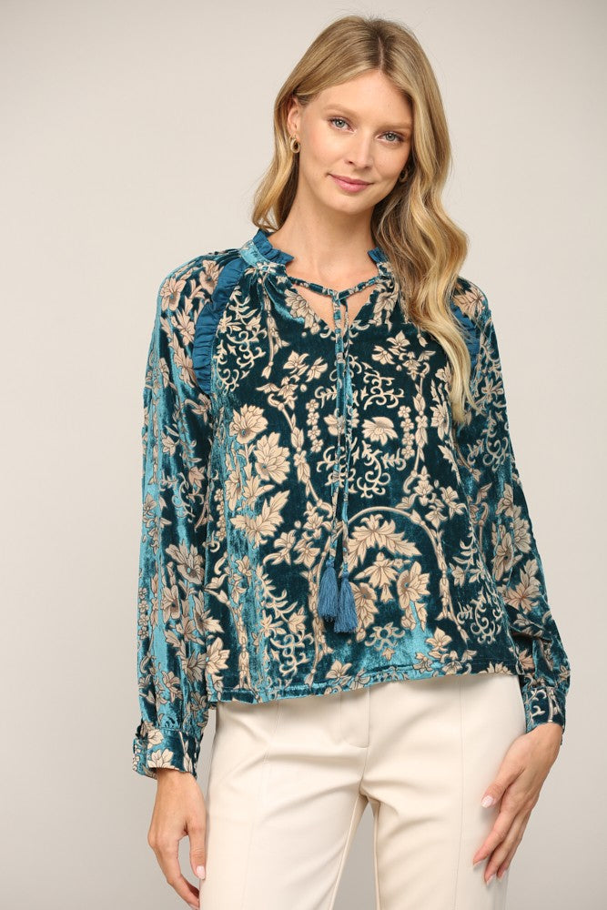 RUFFLE TRIMMED VELVET BLOUSE / TASSEL TIE REG