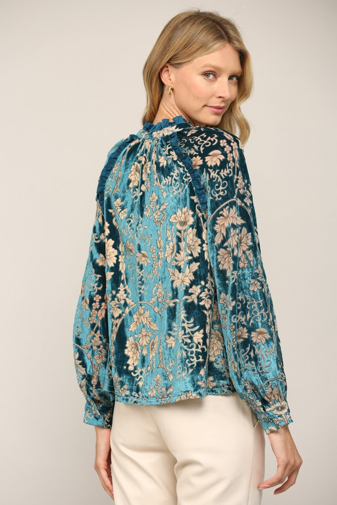 RUFFLE TRIMMED VELVET BLOUSE / TASSEL TIE REG