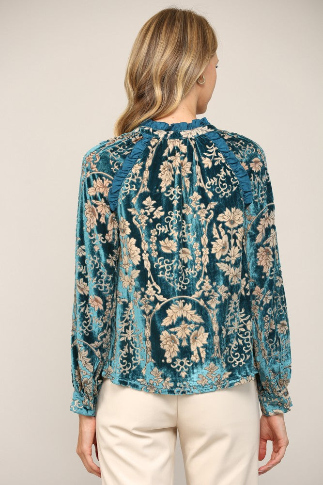 RUFFLE TRIMMED VELVET BLOUSE / TASSEL TIE REG