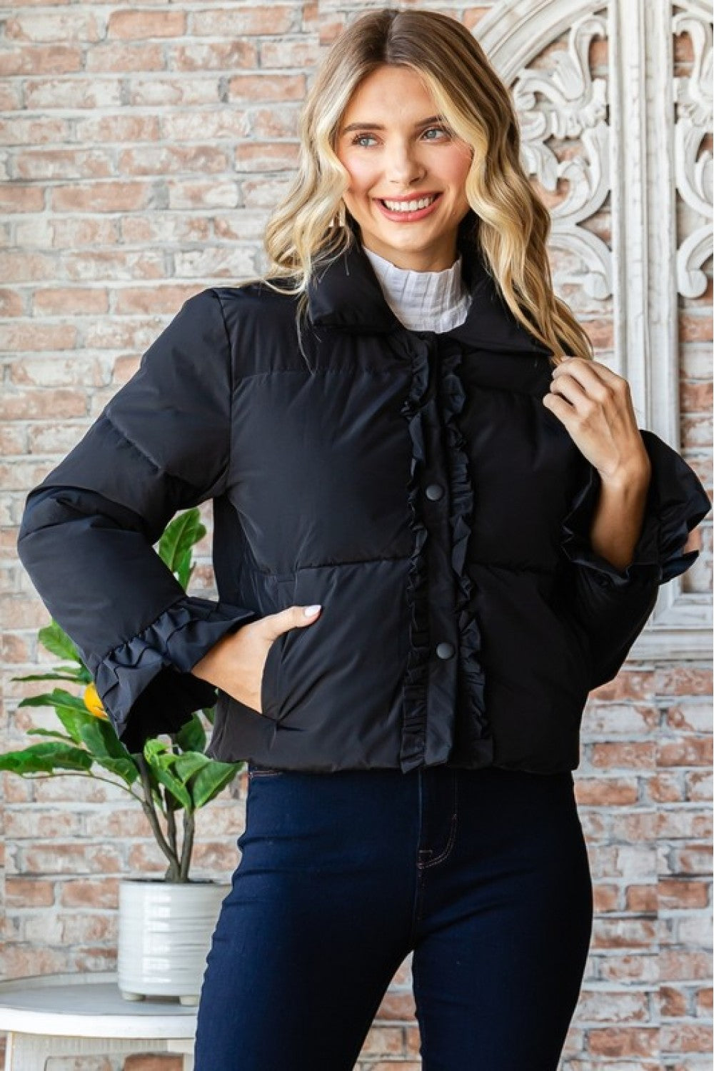 Black Ruffle Puffer Jacket