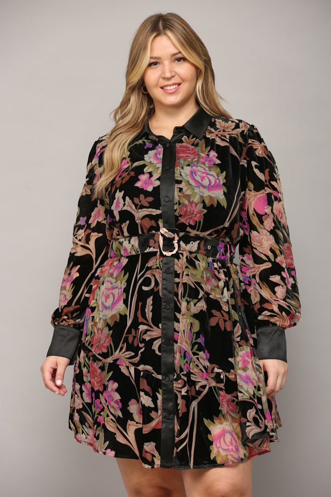 FLORAL VELVET BELTED SHIRT DRESS