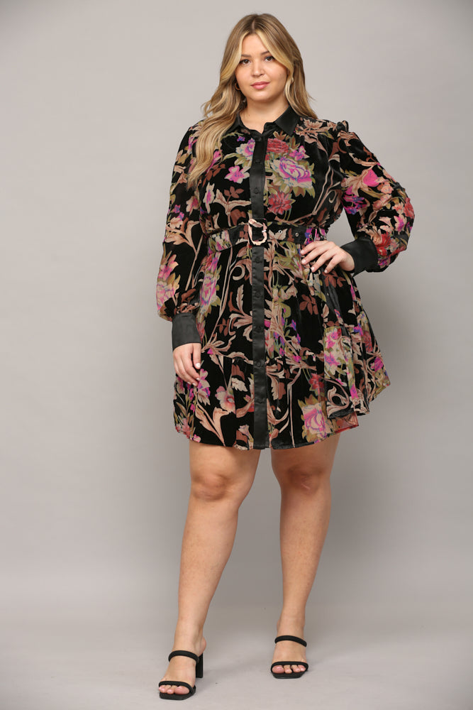 FLORAL VELVET BELTED SHIRT DRESS