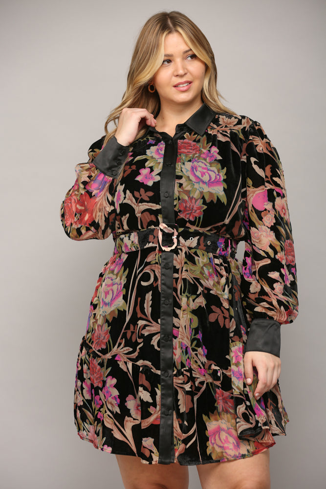 FLORAL VELVET BELTED SHIRT DRESS