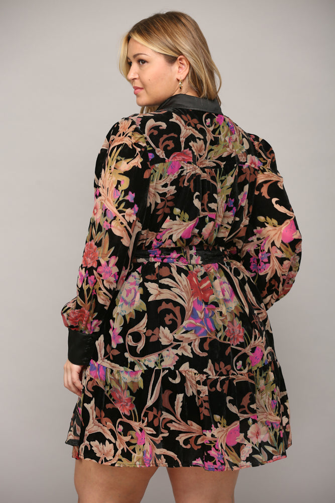 FLORAL VELVET BELTED SHIRT DRESS