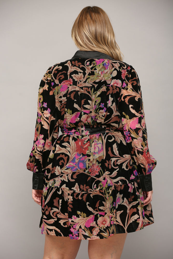 FLORAL VELVET BELTED SHIRT DRESS