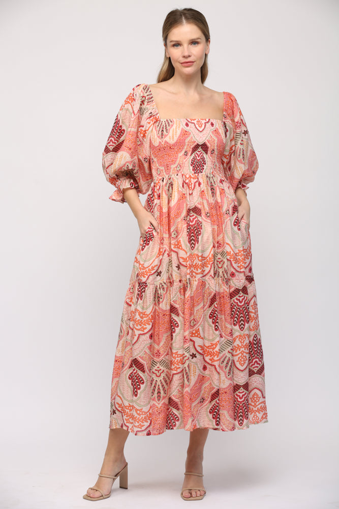 Pink Multi Abstract Smocked Tiered Midi