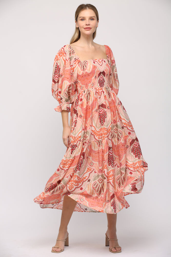 Pink Multi Abstract Smocked Tiered Midi