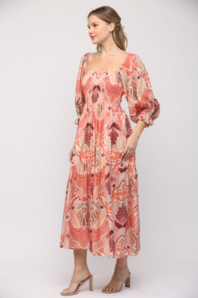 Pink Multi Abstract Smocked Tiered Midi
