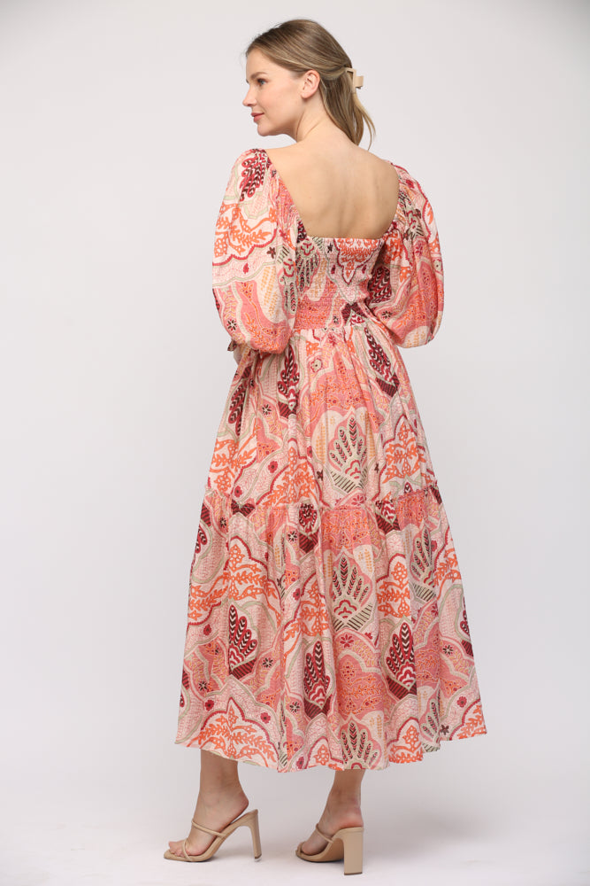 Pink Multi Abstract Smocked Tiered Midi