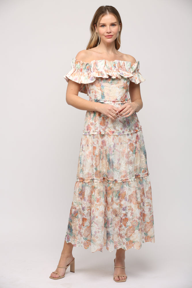 CREAM MULTI OFF SHOULDER TIERED MAXI