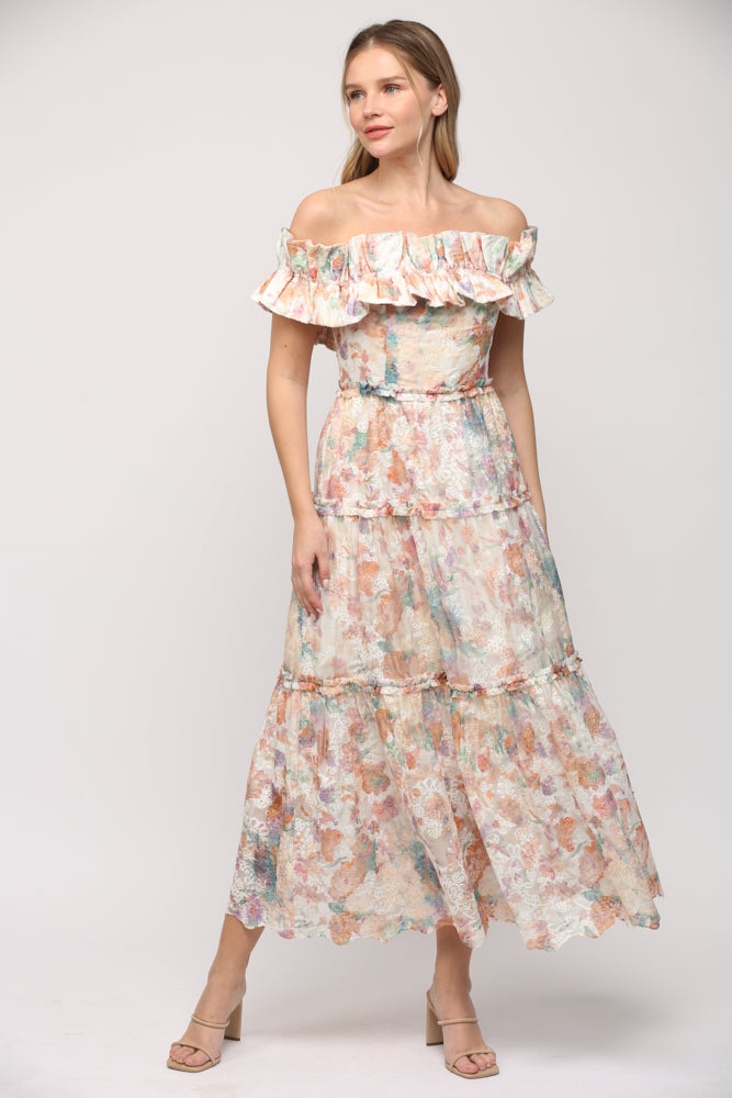 CREAM MULTI OFF SHOULDER TIERED MAXI