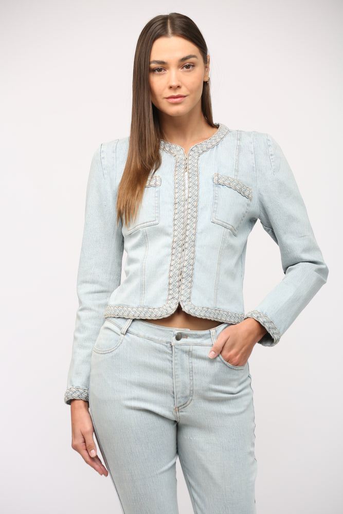 Light Denim Braided Trim Jean Jacket