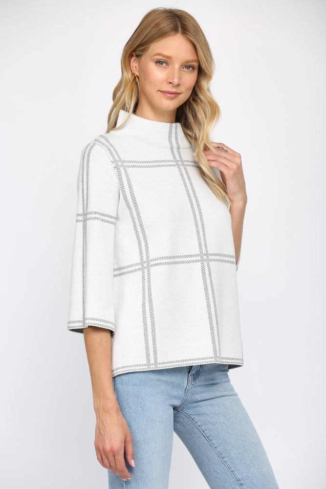 CHECKER MOCK NECK SWEATER WHITE /CHARCOAL REG
