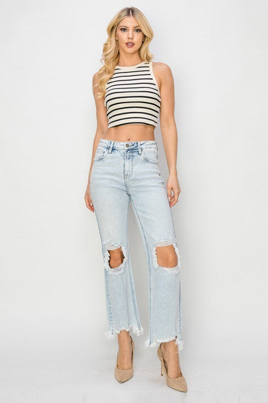 High Rise Straight Crop Jeans Acid Wash