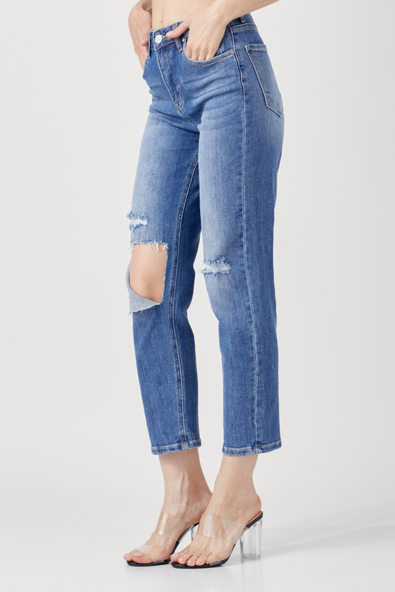 HIGH-WAIST RELAXED DARK WASH JEANS