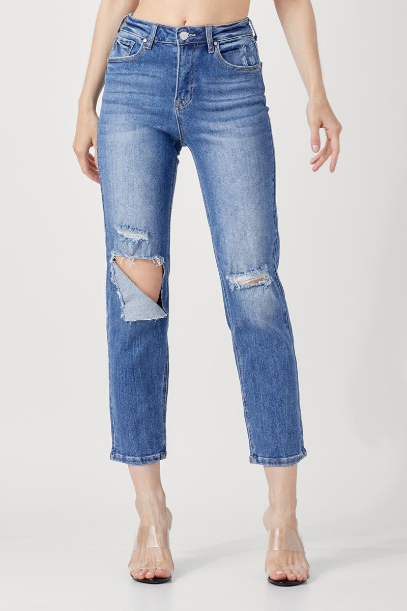 HIGH-WAIST RELAXED DARK WASH JEANS