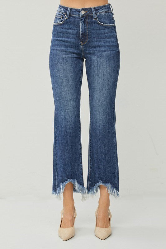 High Rise Frey Hem Ankle Bootcut Jeans