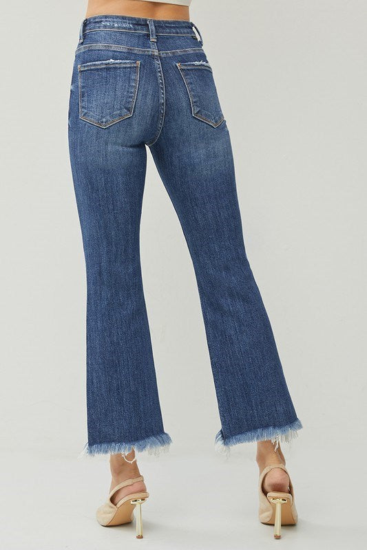 High Rise Frey Hem Ankle Bootcut Jeans