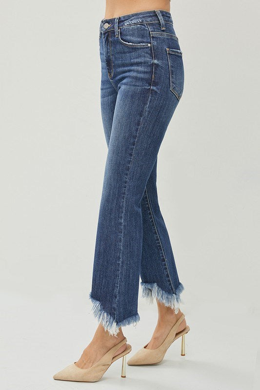 High Rise Frey Hem Ankle Bootcut Jeans