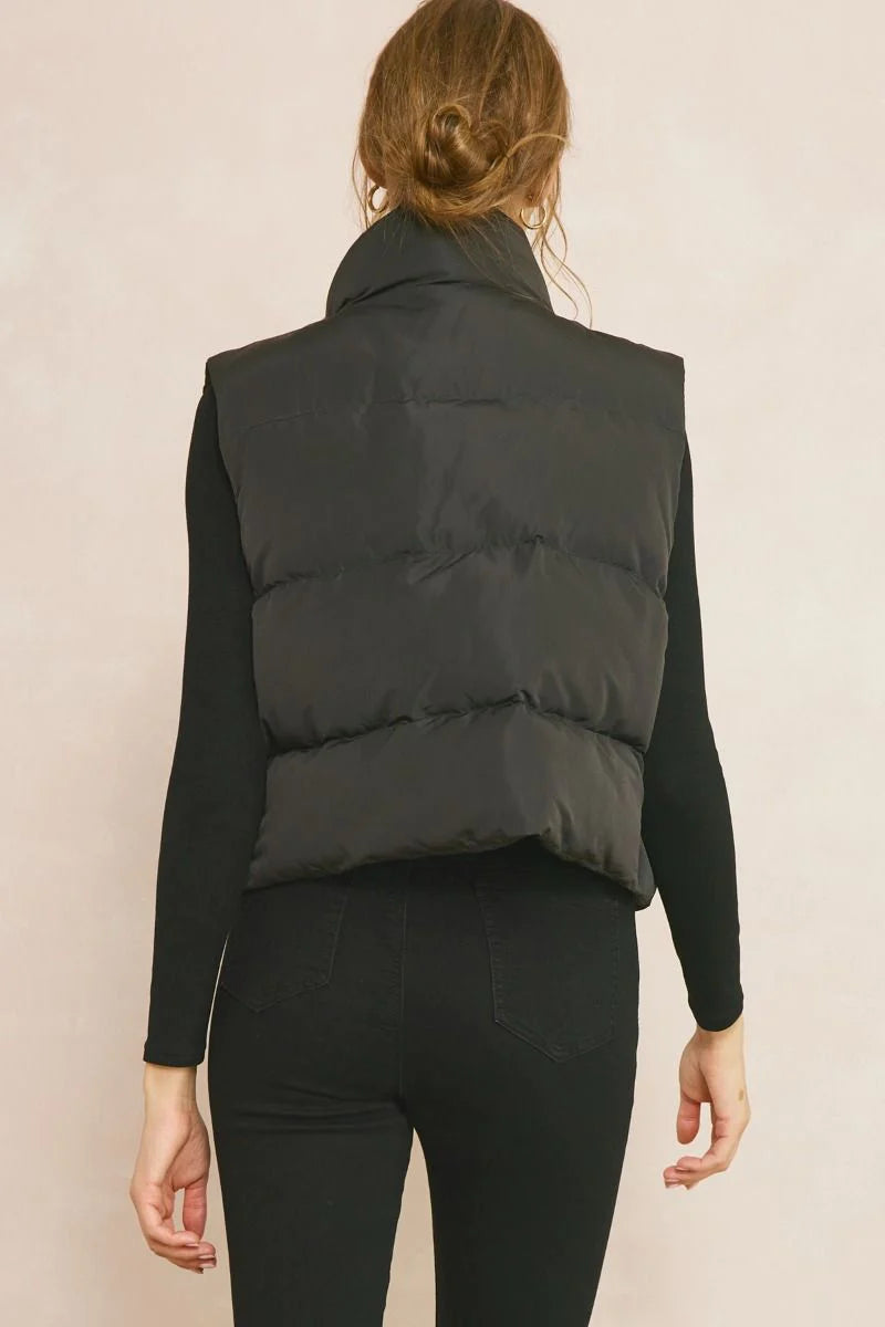 Black Cropped Puffer Zip-Up Vest