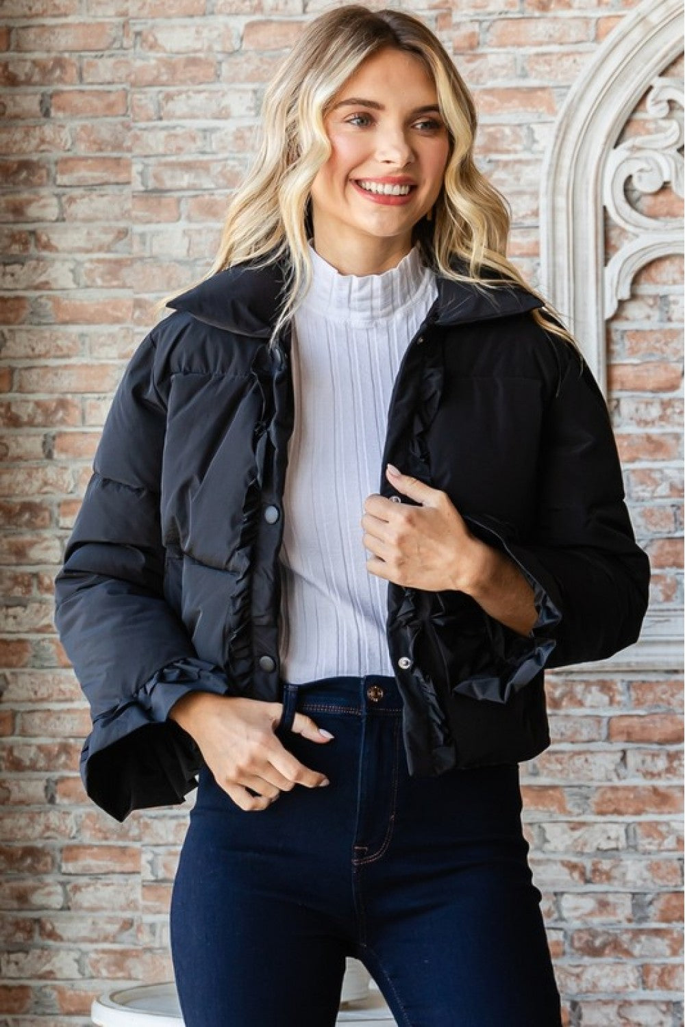 Black Ruffle Puffer Jacket