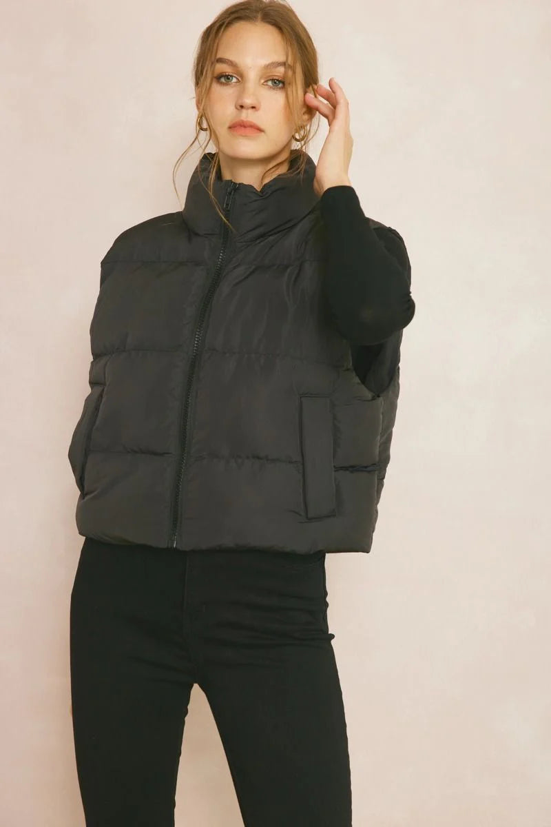 Black Cropped Puffer Zip-Up Vest