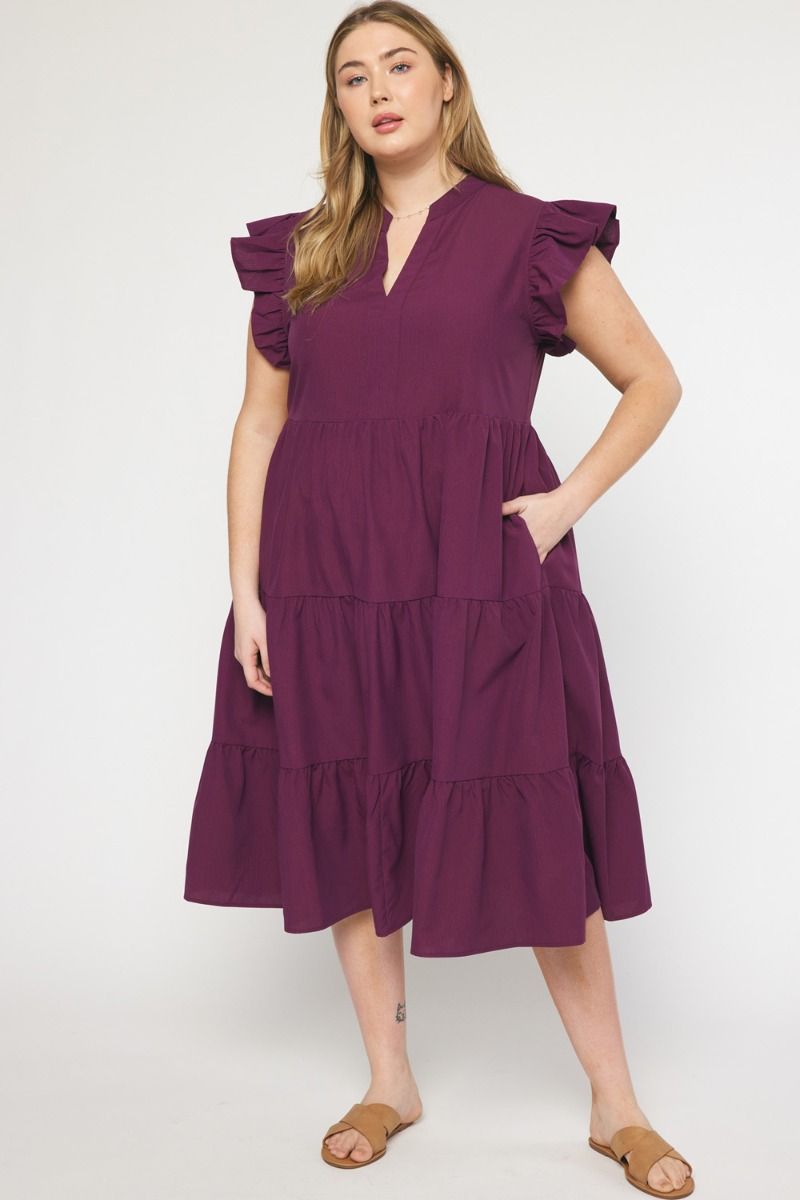 Eggplant V-Neck Ruffle Sleeve Tiered Midi Dress