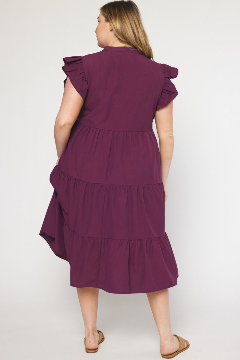 Eggplant V-Neck Ruffle Sleeve Tiered Midi Dress