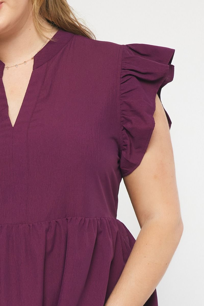 Eggplant V-Neck Ruffle Sleeve Tiered Midi Dress