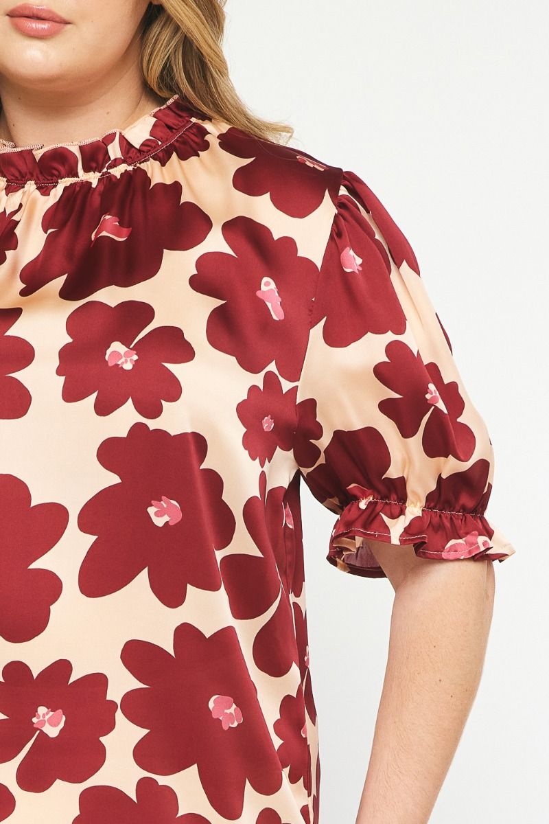 Burgundy Floral Print Mock Neck Top