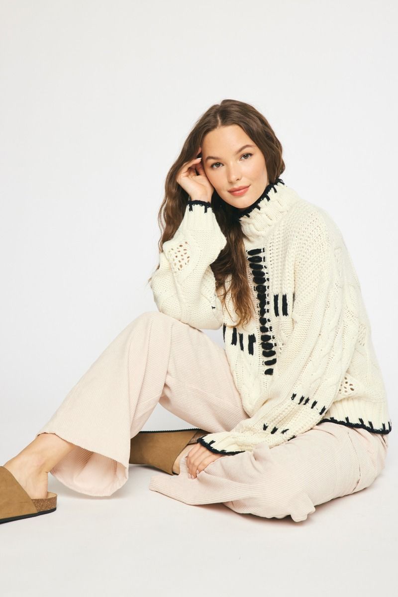 Cream Cable Knit Turtleneck Sweater