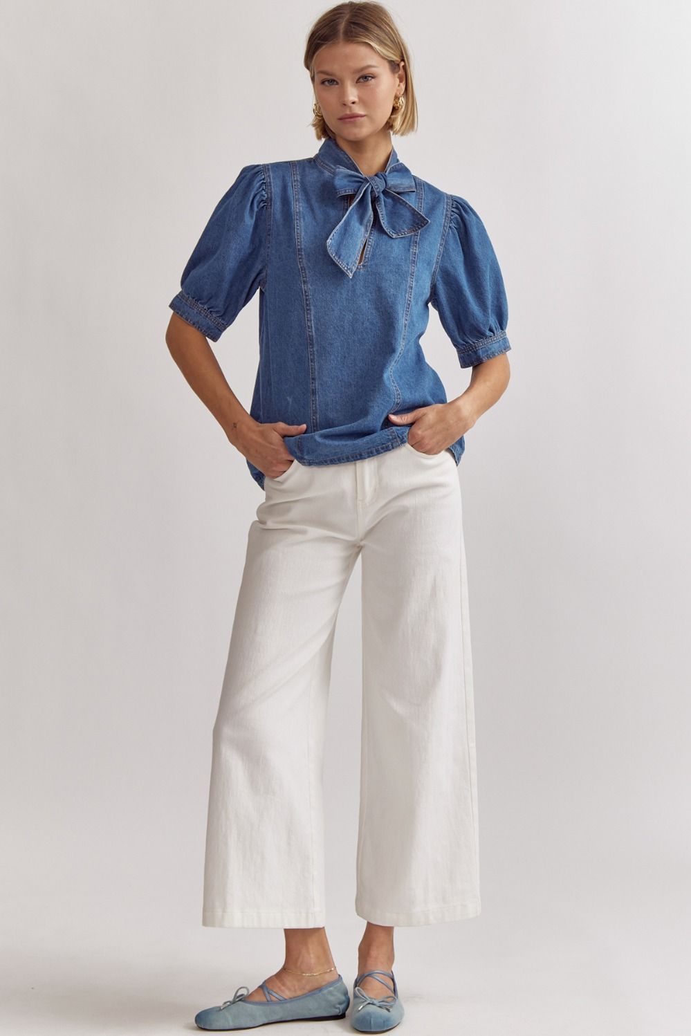Denim Mock Neck Tie Top