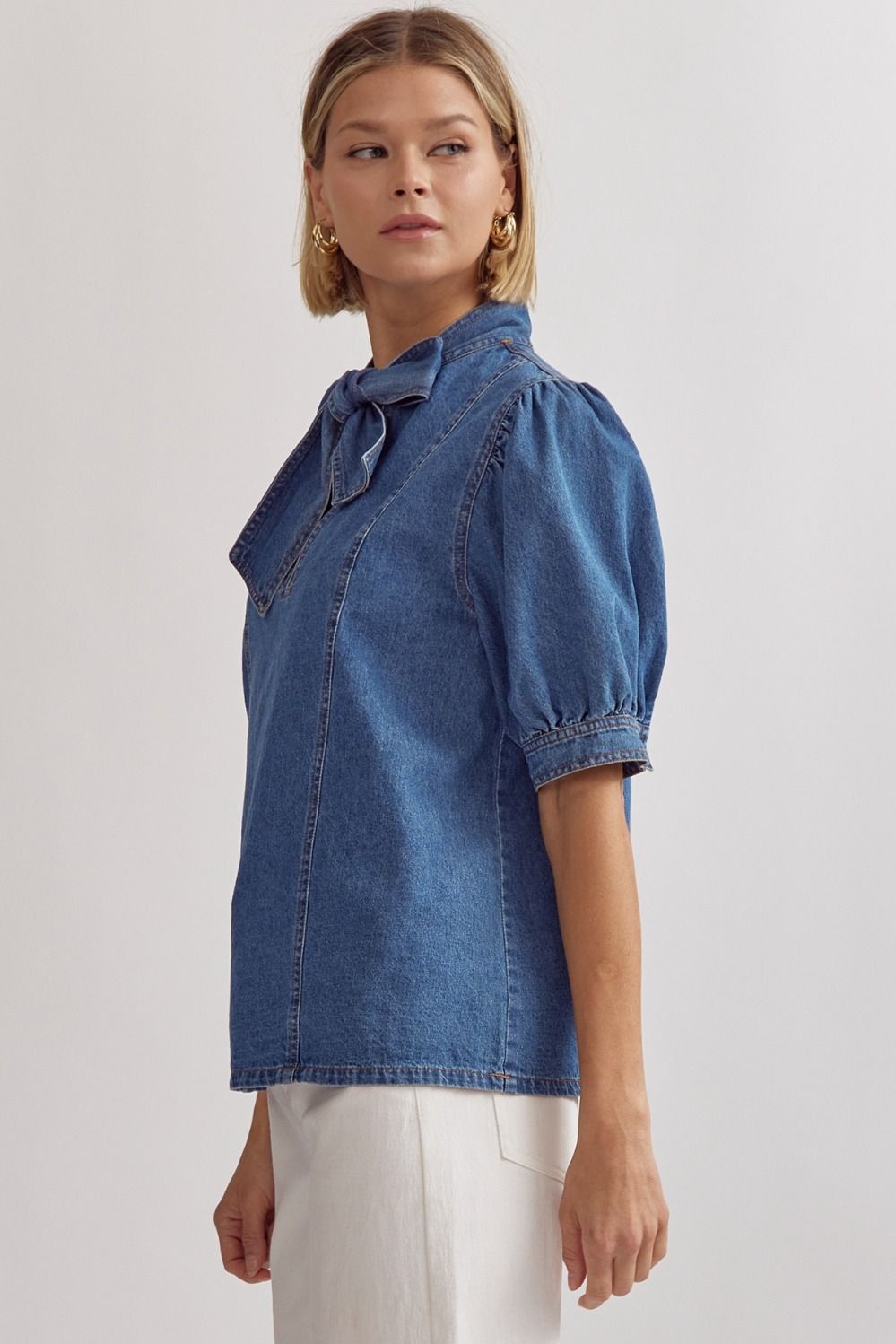 Denim Mock Neck Tie Top