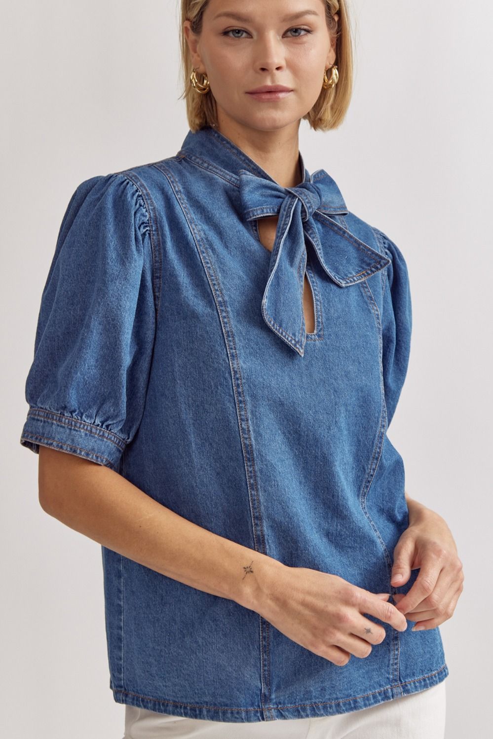 Denim Mock Neck Tie Top