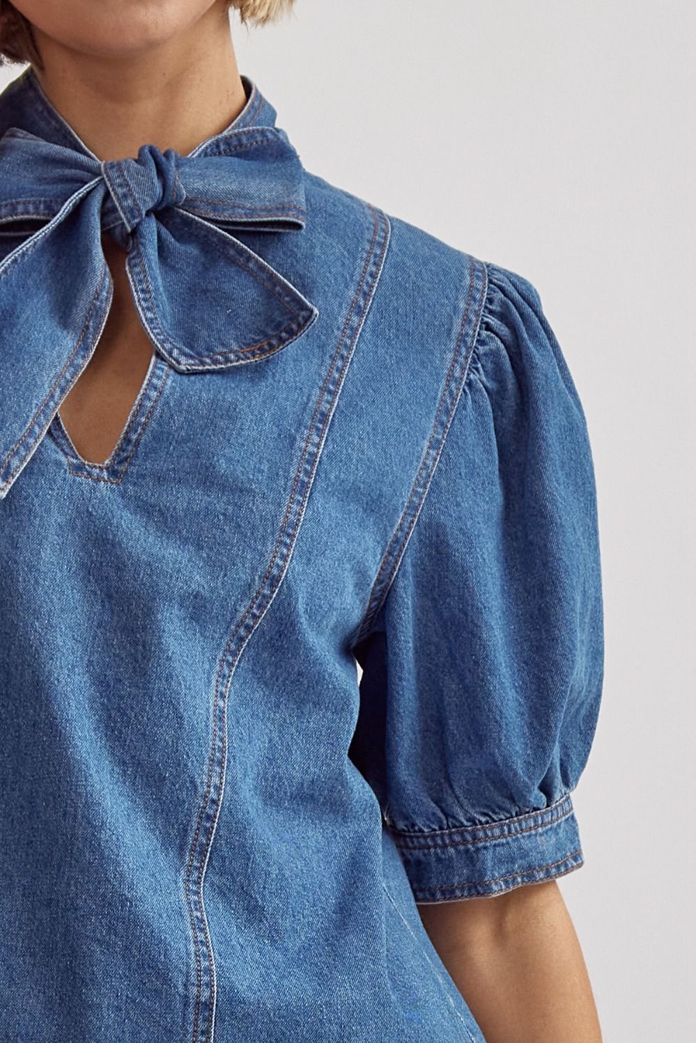 Denim Mock Neck Tie Top