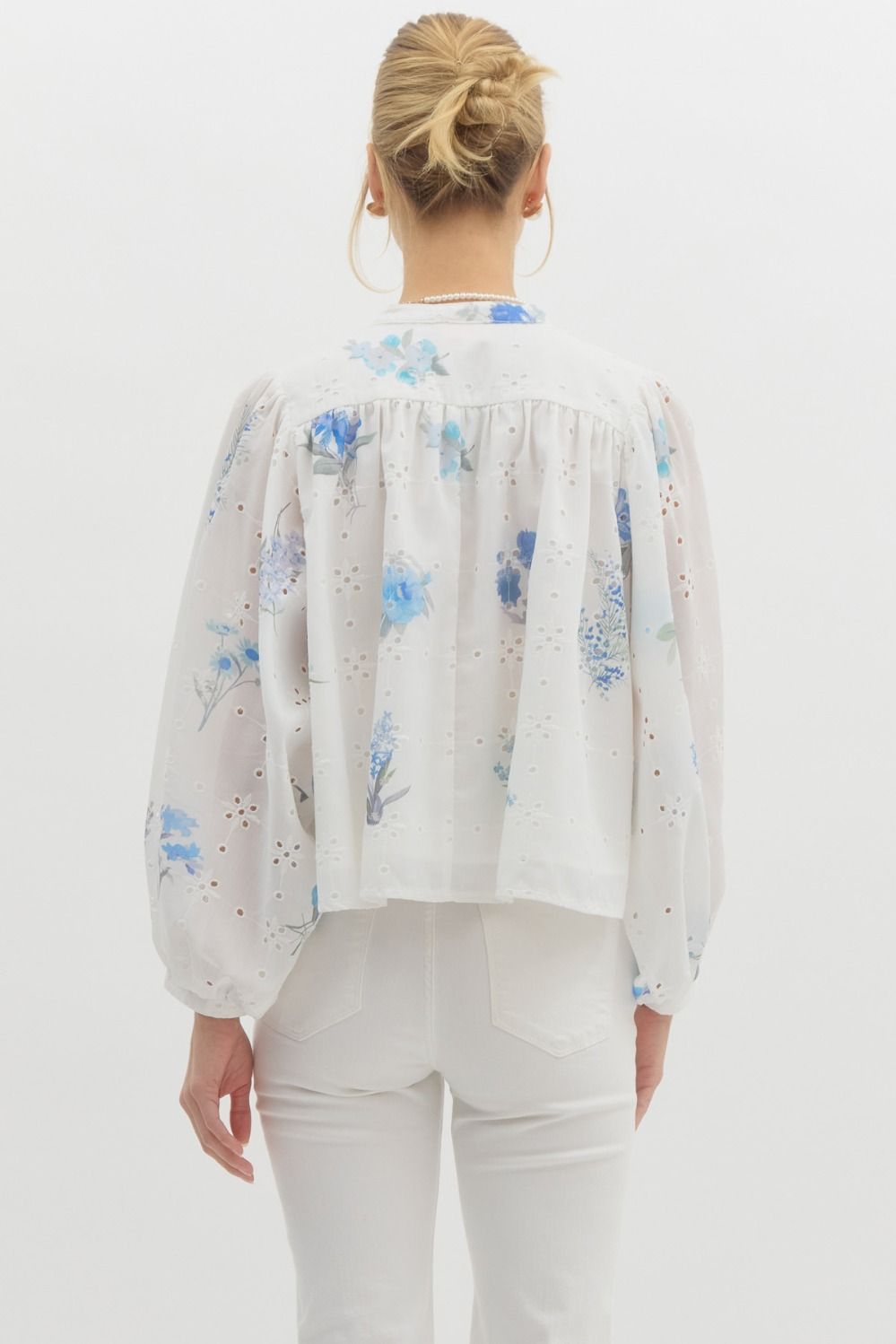 Blue/White Floral Print Eyelet Top