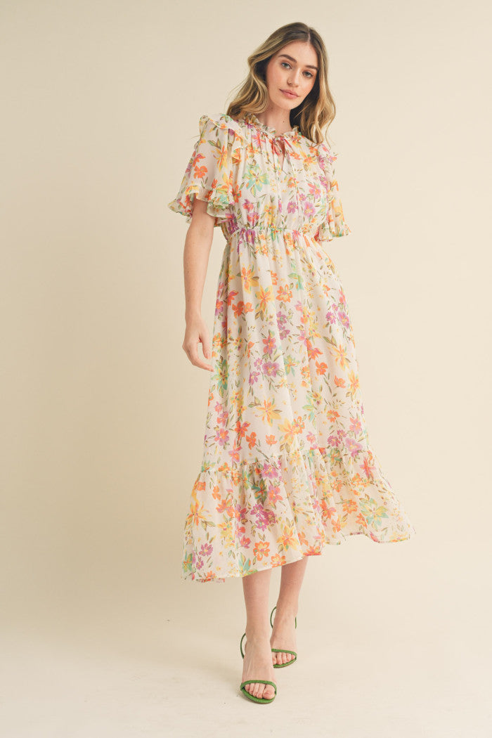 Ivory Floral Flutter Sleeve Midi Dress