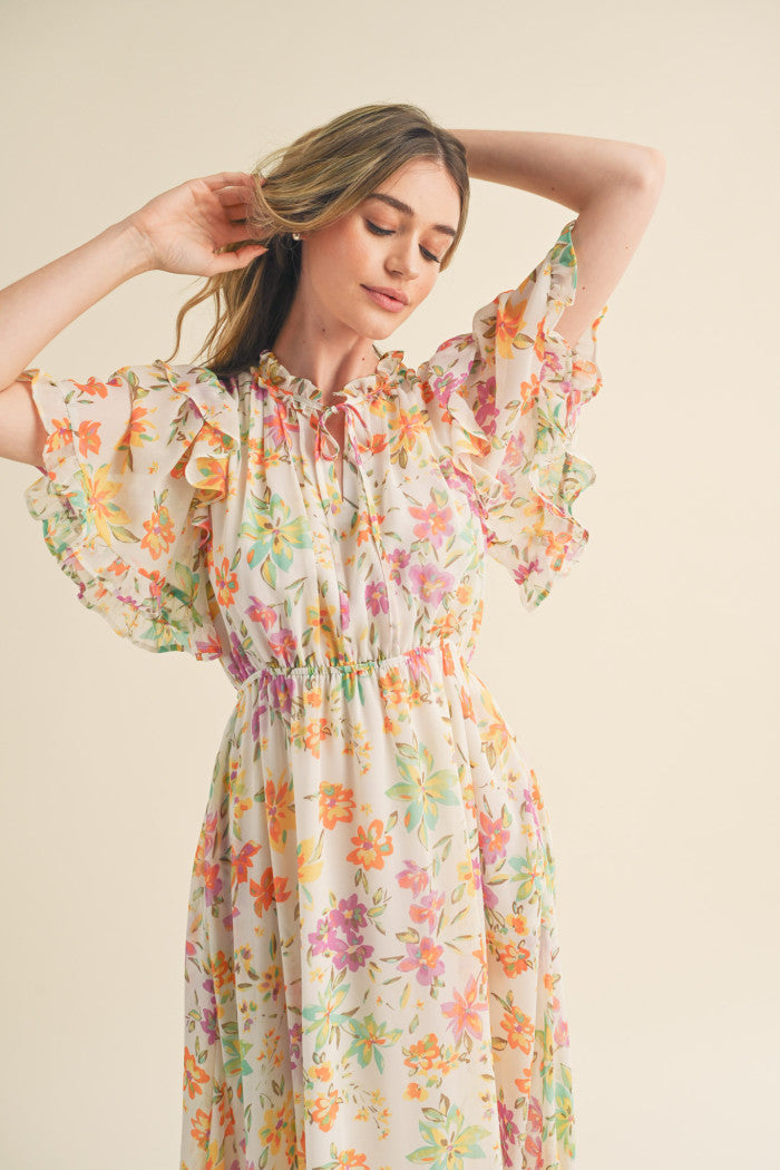 Ivory Floral Flutter Sleeve Midi Dress