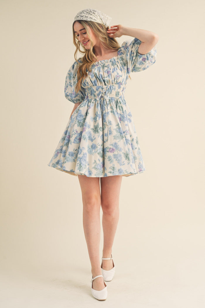 Ivory Blue Floral Puff Sleeve Mini Dress