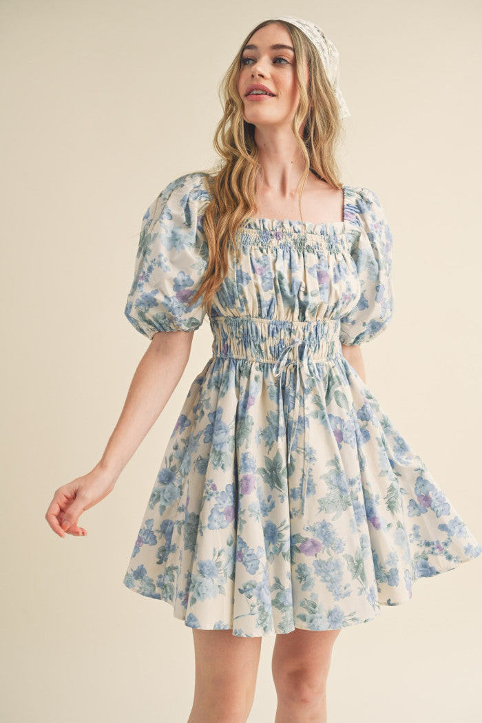 Ivory Blue Floral Puff Sleeve Mini Dress