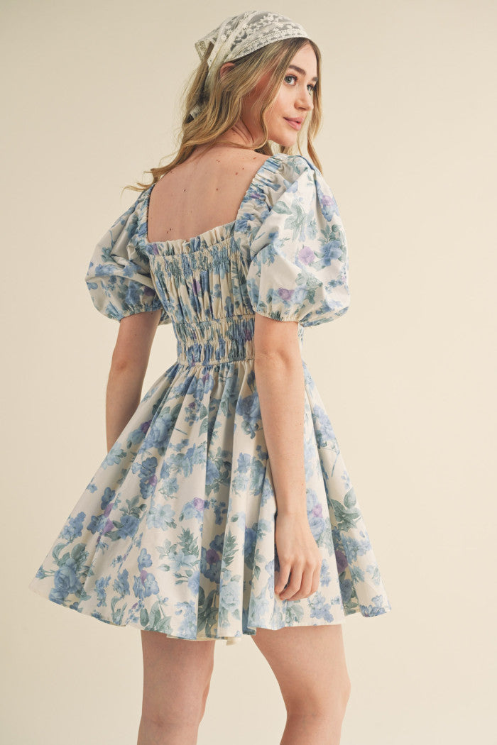 Ivory Blue Floral Puff Sleeve Mini Dress