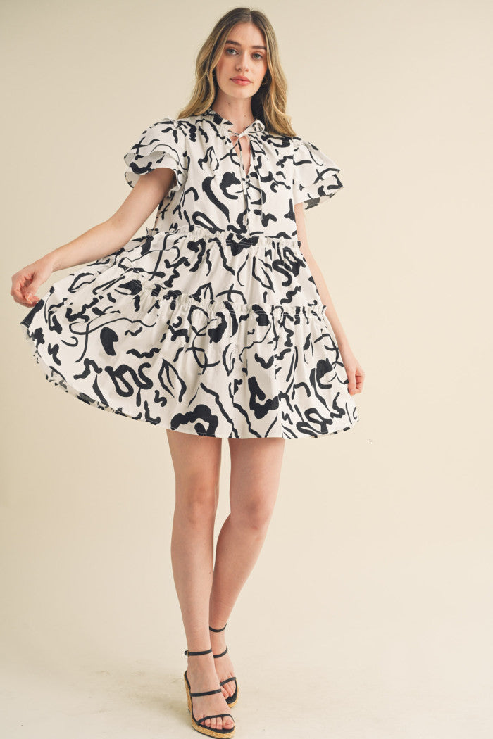 Black White Ruffle Sleeve Mini Dress