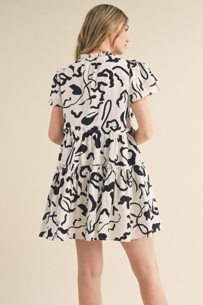 Black White Ruffle Sleeve Mini Dress