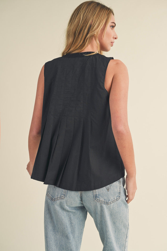 Black V Neck Pintuck Flare Top